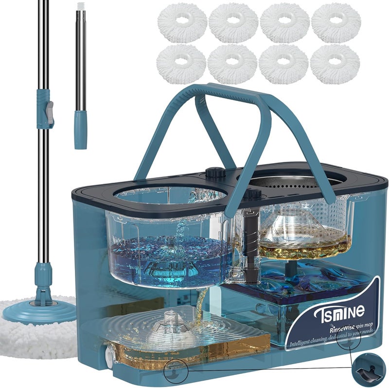 RinseWise Store Gen 1 Large-Capacity Spin Mop and Bucket – for Big Homes & Deep Cleaning Days,4-Chamber System Separates Dirty & Clean Water, 2-GAL Heavy-Duty Design with Wheels & 8 Refill Mop Heads - Blue/Grey - Image 1